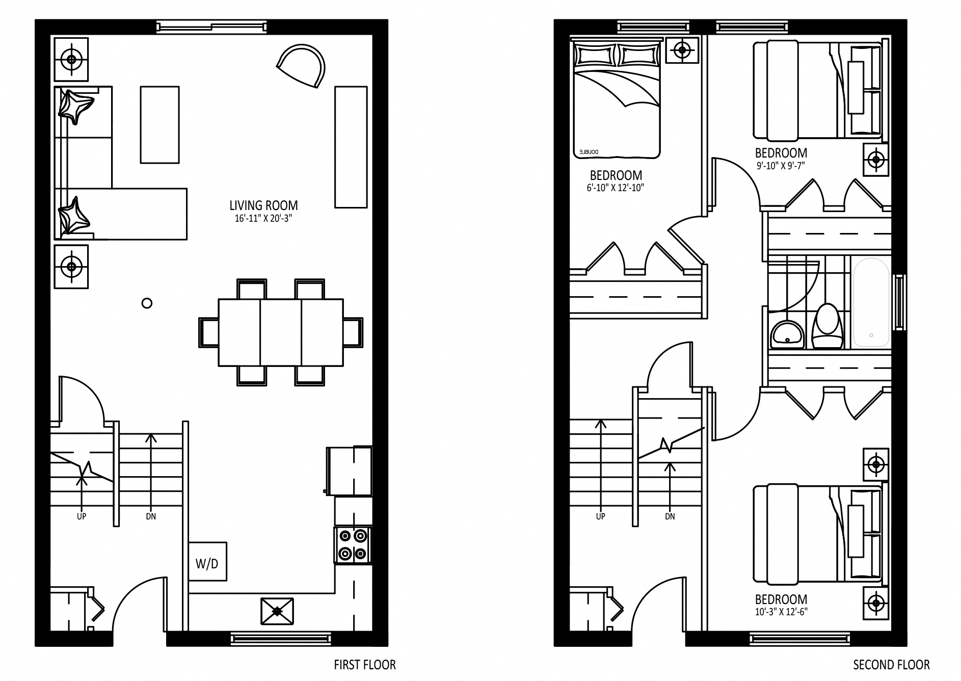 Floor plan for 3 beds, 1 bath, 1000 sqft